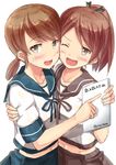  :d blush brown_hair cheek-to-cheek highres ichikawa_feesu kantai_collection looking_at_viewer midriff multiple_girls navel one_eye_closed open_mouth school_uniform serafuku shikinami_(kantai_collection) shirayuki_(kantai_collection) short_sleeves short_twintails simple_background smile twintails twitter_username upper_body white_background yellow_eyes 