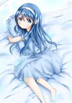  barefoot blue_eyes blue_hair dress futaba_aoi_(vividred_operation) hairband highres itak long_hair pillow pillow_hug sleepwear solo vividred_operation 