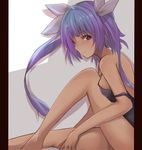  bare_legs bare_shoulders barefoot dyson_(edaokunnsaikouya) from_side hair_ribbon i-19_(kantai_collection) kantai_collection long_hair looking_at_viewer pillarboxed purple_eyes purple_hair ribbon school_swimsuit solo strap_slip swimsuit twintails 