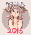  2015 :p animal_ears blue_eyes brown_hair efmoe freckles happy_new_year highres horns long_hair looking_at_viewer new_year original sheep signature smile solo tongue tongue_out 