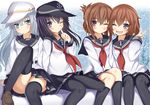  ;) ;d akatsuki_(kantai_collection) anchor_symbol aruka_(alka_p1) badge black_hair black_legwear blouse blue_eyes blush brown_hair fang finger_to_cheek flat_cap folded_ponytail hair_between_eyes hair_ornament hairclip hammer_and_sickle hat hibiki_(kantai_collection) ikazuchi_(kantai_collection) inazuma_(kantai_collection) kantai_collection long_hair messy_hair multiple_girls one_eye_closed open_mouth pantyhose purple_eyes revision school_uniform serafuku short_hair silver_hair sitting skirt smile star thighhighs v verniy_(kantai_collection) 