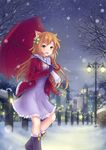  :d animal_ears asakurashinji boots christmas clover fence fingerless_gloves four-leaf_clover gloves hair_ornament highres lamppost lantern light long_hair looking_at_viewer night night_sky open_mouth original outdoors railing scarf sky smile snow snowing solo umbrella 