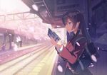  bag black_hair blue_eyes cherry_blossoms confused jpeg_artifacts long_hair original petals railroad_tracks reading school_bag school_uniform solo sweatdrop tactile_paving train_station upside-down yasumo_(kuusouorbital) 