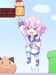  &gt;_&lt; 1girl :d ?_block arm_up blue_sky brick chibi choujigen_game_neptune cloud collar commentary_request d-pad d-pad_hair_ornament dogoo doria_(5073726) drawstring food gameplay_mechanics hair_ornament hood hooded_jacket hoodie jacket jumping mario_(series) neptune_(neptune_series) neptune_(series) nintendo open_mouth outdoors pipe pudding purple_hair short_hair sky smile striped striped_legwear super_mario_bros. thighhighs usb v-shaped_eyebrows xd 