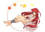  ankle_cuffs anklet bare_legs barefoot dress jewelry long_hair magi_the_labyrinth_of_magic morgiana one_side_up red_hair solo very_long_hair white_dress 