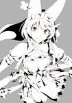  belt bow bra breasts bridal_veil cleavage cleavage_cutout clover cravat dress earrings elphelt_valentine four-leaf_clover from_above grey_background guilty_gear guilty_gear_xrd gun hairband highres jewelry large_breasts lineart long_sleeves marushi monochrome puffy_long_sleeves puffy_sleeves short_hair shotgun simple_background smile solo spikes underwear veil weapon 