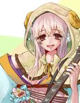  2015 absurdres botsuo_(sesusama) breasts electric_guitar guitar headphones highres hood horns instrument large_breasts long_hair looking_at_viewer nitroplus open_mouth pink_hair red_eyes sheep_horns smile solo super_sonico 