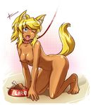  all_fours animal_ears barefoot blonde_hair blue_eyes bowl breasts collar dark_skin extra_ears fangs feet kneeling leash liru long_hair nipples nude open_mouth pet_bowl renkin_san-kyuu_magical_pokaan small_breasts solo tail wolf_ears wolf_girl wolf_tail xanemonium 