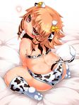  1girl animal_ears blonde_hair blush cow_ears cow_girl cow_print cow_tail from_behind hair_ornament horns long_hair looking_at_viewer looking_back original plump red_eyes silenceblack simple_background sitting tail tongue tongue_out wariza 