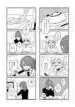  4koma age_difference bad_id bad_pixiv_id bespectacled blush closed_eyes comic eating food formal glasses greyscale hair_over_one_eye heart inazuma_eleven inazuma_eleven_(series) inazuma_eleven_go kazemaru_ichirouta long_hair miyasaka_ryou monochrome multiple_boys necktie open_mouth partially_translated ponytail suit time_paradox tomo_(sjim) translation_request 