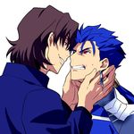  blue_hair brown_hair fate/stay_night fate_(series) hands_on_another's_face kon_manatsu kotomine_kirei lancer long_hair multiple_boys ponytail red_eyes 