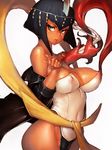  alternate_costume bare_shoulders black_hair blue_eyes bob_cut bone breasts cleavage covered_navel covered_nipples dark_skin dress eliza_(skullgirls) fumio_(rsqkr) hagoromo jacket large_breasts leather leather_jacket leotard looking_at_viewer off_shoulder shawl short_hair simple_background skullgirls solo strapless strapless_dress tiara white_background 