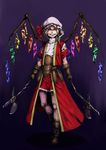  alternate_costume armor axe baten_(gei-vorugu) blonde_hair boots dual_wielding fangs flandre_scarlet full_body gloves hat highres holding leather leather_boots open_mouth pink_legwear red_eyes short_hair side_ponytail skirt smile touhou weapon wings 