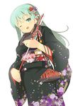  alternate_costume arrow black_kimono floral_print green_eyes green_hair hair_ornament japanese_clothes jewelry kantai_collection kimono long_hair looking_at_viewer obi ooide_chousuke open_mouth ring sash simple_background solo suzuya_(kantai_collection) wedding_band white_background 