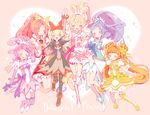  &gt;_&lt; aida_mana animal_print bat_print blonde_hair blue_bow blue_hair blush boots bow brown_hair choker closed_eyes cure_ace cure_diamond cure_heart cure_rosetta cure_sword dokidoki!_precure double_bun earrings flower hair_bow hair_ornament half_updo heart heart_background hishikawa_rikka holding_hands interlocked_fingers jewelry jumping kenzaki_makoto long_hair madoka_aguri magical_girl multiple_girls open_mouth pantyhose pink_bow pink_footwear ponytail precure print_legwear purple_choker purple_hair purple_skirt red_hair regina_(dokidoki!_precure) ribbon short_hair skirt smile spade_hair_ornament text_focus thighhighs twintails wrist_cuffs yotsuba_alice yuucho_(cololal) zettai_ryouiki 