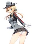  anchor_hair_ornament ass black_ribbon black_skirt blonde_hair blue_eyes blurry blush depth_of_field gloves hair_ornament hair_ribbon hat highres iron_cross kantai_collection long_hair long_sleeves microskirt military military_uniform open_mouth panties peaked_cap pleated_skirt prinz_eugen_(kantai_collection) ribbon shibuki_kamone simple_background skirt solo twintails underwear uniform white_background white_gloves white_panties 