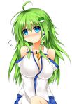  ahoge bare_shoulders between_breasts blue_eyes blush breasts cleavage collarbone detached_sleeves flying_sweatdrops food frog_hair_ornament green_hair hair_ornament highres kochiya_sanae large_breasts long_hair long_sleeves pocky revision sitting snake_hair_ornament solo touhou us2s v_arms wavy_mouth white_background wide_sleeves 