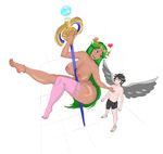 1girl angel angel_wings anklet ass barefoot bike_shorts black_hair blue_eyes blush breasts collaboration colorized crown dark_persona dark_pit dark_skin erection erection_under_clothes garters green_hair heart hetero highres jewelry jontxu kid_icarus kid_icarus_uprising large_breasts lm_(legoman) long_hair looking_back nipples nude palutena pink_legwear pit_(kid_icarus) pole pole_dancing shirtless shorts single_thighhigh sketch soles thighhighs toe_ring toes wings 