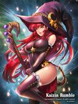  bare_shoulders copyright_name crescent elbow_gloves gloves hat kaizin_rumble leg_up long_hair looking_at_viewer parted_lips shards staff star thighhighs thighs very_long_hair witch witch_hat yamkom yellow_eyes 