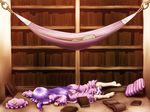  barefoot book bookshelf commentary crescent faceplant failure fallen_down hair_ribbon hammock hat hat_removed headwear_removed indoors long_hair long_sleeves lying messy_hair on_stomach patchouli_knowledge pillow purple_hair ribbon shirosato solo touhou tress_ribbon very_long_hair wide_sleeves 
