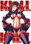  abs blue_eyes blush breasts brown_hair clenched_teeth commentary garter_straps hair_ornament hands_on_hips highres imizu_(nitro_unknown) kill_la_kill long_sleeves looking_away matoi_ryuuko md5_mismatch medium_breasts midriff multicolored_hair navel panties purple_legwear purple_panties red_hair revealing_clothes revision senketsu showgirl_skirt solo streaked_hair suspenders sweat teeth thighhighs toned underboob underwear wavy_mouth 