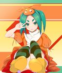  ankh_(ankh_05) dress green_eyes green_hair md5_mismatch monogatari_(series) nisemonogatari ononoki_yotsugi panties pantyshot short_hair solo striped striped_legwear thighhighs tsukimonogatari twintails underwear v_over_eye 