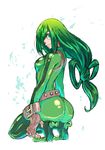  ass asui_tsuyu back bangs belt bodysuit boku_no_hero_academia boots buckle frog_girl from_side full_body green_bodysuit green_eyes green_hair hair_over_one_eye hair_rings high_heels kneeling light_smile long_hair loose_belt low-tied_long_hair monster_girl sasamaru_(sasamaru) sketch smile solo thigh_boots thighhighs turtleneck very_long_hair white_background 