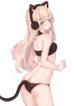  1girl absurdres animal_ears ass bangs bare_arms bare_shoulders black_bra black_panties blonde_hair blush bra breasts butt_crack cat_ear_headphones cat_ears cat_girl cat_tail closed_mouth commentary eyebrows_visible_through_hair girls_frontline green_eyes head_tilt headphones highres long_hair looking_at_viewer looking_back miramu_(ramu450471) panties sidelocks simple_background small_breasts solo tail tmp_(girls_frontline) underwear underwear_only very_long_hair white_background 