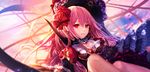  cloud commentary dress flower flying frills hair_flower hair_ornament hair_ribbon headdress jname long_hair looking_at_viewer original pink_hair red_eyes ribbon sky smile solo wings 