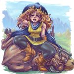  alena_(dq4) breasts cape dragon_quest dragon_quest_iv gloves hat horns long_hair medium_breasts open_mouth orange_hair panties panties_under_pantyhose pantyhose pipipi sitting sweat thighband_pantyhose underwear 