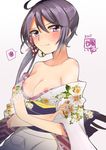  akebono_(kantai_collection) apron bad_id bad_twitter_id bare_shoulders bell blush breasts cleavage dated flower hair_bell hair_flower hair_ornament japanese_clothes jingle_bell kantai_collection kimono kimono_pull long_hair looking_at_viewer medium_breasts nipple_slip nipples obi oomori_(kswmr) purple_eyes purple_hair sash side_ponytail signature solo spoken_squiggle squiggle upper_body 
