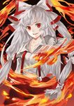  baiguiyu fire flame fujiwara_no_mokou hair_ribbon long_hair open_mouth red_eyes ribbon smile solo suspenders touhou very_long_hair white_hair 