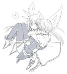 1girl blush carrying cosplay costume_switch couple covering_face dizzy dizzy_(cosplay) guilty_gear guilty_gear_xrd hetero ky_kiske ky_kiske_(cosplay) long_hair monochrome princess_carry shinzou short_hair underwear wings 