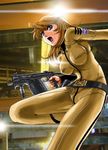  belt blonde_hair blue_eyes bodysuit breasts gun kriss_vector lens_flare long_hair military military_uniform mori_yuki open_mouth pork_(fordfairlane) running science_fiction solo submachine_gun trigger_discipline uchuu_senkan_yamato uchuu_senkan_yamato_2199 uniform weapon 