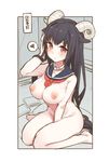  between_breasts between_legs black_hair blue_sailor_collar blush breasts brown_eyes collar hand_on_own_face highres horns large_breasts long_hair nipples nude original sailor_collar sitting solo tokuno_yuika very_long_hair wariza 