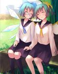  ^_^ bench bespectacled black_legwear blue_hair blush bow cirno closed_eyes daiyousei fairy_wings friends glasses h.l. hair_bow hand_on_another's_thigh ice ice_wings large_bow long_sleeves multiple_girls pleated_skirt school_uniform serafuku short_hair side_ponytail sitting sitting_on_bench skirt sleeping sleeping_upright socks touhou wings 