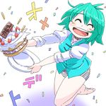  aono3 aqua_hair barefoot black_panties blush_stickers bow bow_panties cake closed_eyes food no_pants open_mouth panties plate simple_background solo striped striped_panties tatara_kogasa touhou underwear white_background 