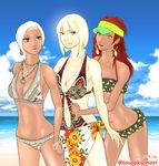  absurdres bangs beach belly_chain bikini blonde_hair blue_eyes blue_sky blunt_bangs bob_cut breasts dark_skin day earrings highres hoop_earrings hug hug_from_behind jewelry karui lips mabui_(naruto) multiple_girls naruto naruto_(series) naruto_shippuuden navel navel_piercing necklace pale_skin parted_lips piercing red_hair samui_(naruto) sarong short_hair sky sousaku_nori strapless swimsuit tubetop twitter_username visor_cap white_hair yellow_eyes 