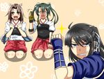  2girls :d black_hair blue_eyes brown_eyes brown_hair clenched_hands drifters fist_pump gloves grey_hair grin hachimaki hakama_pants hakama_skirt hand_up headband high_ponytail kantai_collection multiple_girls muneate nasu_no_yoichi open_mouth partly_fingerless_gloves pleated_skirt rakku_(10219563) red_skirt ribbon-trimmed_skirt ribbon_trim seiza sitting skirt smile sparkle yugake zuihou_(kantai_collection) zuikaku_(kantai_collection) 