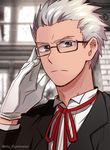  adjusting_eyewear archer bespectacled fate/stay_night fate_(series) formal glasses gloves grey_eyes male_focus niu_illuminator ribbon solo suit white_hair 