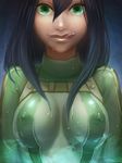  :q asui_tsuyu black_hair bodysuit boku_no_hero_academia breasts covered_nipples green_bodysuit green_eyes large_breasts long_hair sasamaru_(sasamaru) smile solo tongue tongue_out 