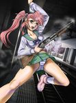  ankle_boots bangs boots breasts cleavage fat_mons glasses gun hair_ribbon highres highschool_of_the_dead large_breasts long_hair panties pantyshot pink_eyes pink_hair pork_(fordfairlane) ribbon rimless_eyewear school_uniform shotgun socks solo striped striped_panties takagi_saya train_station trigger_discipline twintails underwear weapon 