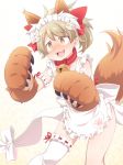  1girl :d @_@ animal_ear_fluff animal_ears apron asymmetrical_legwear bangs bell bell_collar blush bow brown_background brown_eyes brown_hair cat_hair_ornament collar commentary_request cosplay eyebrows_visible_through_hair fate/grand_order fate_(series) fox_ears fox_girl fox_tail gloves gradient gradient_background hair_bow hair_ornament idolmaster idolmaster_cinderella_girls jingle_bell kemonomimi_mode maid_headdress morikubo_nono naked_apron nose_blush open_mouth paw_gloves paws red_bow red_collar ribbon-trimmed_legwear ribbon_trim single_thighhigh smile solo sweat tail tamamo_(fate)_(all) tamamo_cat_(fate) tamamo_cat_(fate)_(cosplay) thighhighs ushi white_apron white_background white_legwear 