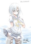  bad_id bad_pixiv_id blue_eyes blush breasts fujishima_shinnosuke gloves hair_ornament hairclip hamakaze_(kantai_collection) kantai_collection large_breasts looking_at_viewer miniskirt pantyhose school_uniform serafuku short_hair short_sleeves skirt smile solo white_gloves 