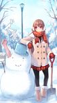  ankle_boots arm_support black_legwear boots breath brown_hair bucket coat comic earmuffs fur_boots highres long_hair mittens original outstretched_arm pantyhose paper red_eyes scarf shovel skirt smile snow snowman solo tree ugg_boots yatsuashi_matomo 