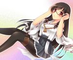  black_hair cosplay detached_sleeves glasses isokaze_(kantai_collection) japanese_clothes kantai_collection kirishima_(kantai_collection) kirishima_(kantai_collection)_(cosplay) long_hair looking_at_viewer nontraditional_miko pantyhose red_eyes skirt solo zhou_yu_(ppaaqz1995) 