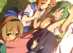  4girls amazuki_jou blonde_hair blue_hair blurry blush closed_eyes depth_of_field dutch_angle friends furude_rika grass green_hair hand_on_another's_head happy higurashi_no_naku_koro_ni holding_hands houjou_satoko interlocked_fingers long_hair looking_back maebara_keiichi multiple_girls orange_hair profile ryuuguu_rena school_uniform serafuku shadow short_hair short_sleeves sonozaki_mion 