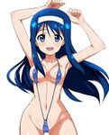  :d armpits blue_eyes blue_hair breasts futaba_aoi_(vividred_operation) hairband highres long_hair looking_at_viewer navel open_mouth simple_background slingshot_swimsuit small_breasts smile solo swimsuit tokiani vividred_operation white_background 