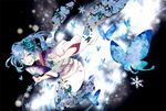  blue_eyes blue_hair bug butterfly ene_(kagerou_project) fan flower hair_flower hair_ornament highres insect japanese_clothes kagerou_project kimono long_hair maiori_00 solo twintails 