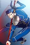  blue_hair earrings fate/stay_night fate_(series) gae_bolg jewelry lancer long_hair male_focus niu_illuminator polearm ponytail red_eyes solo spear weapon 